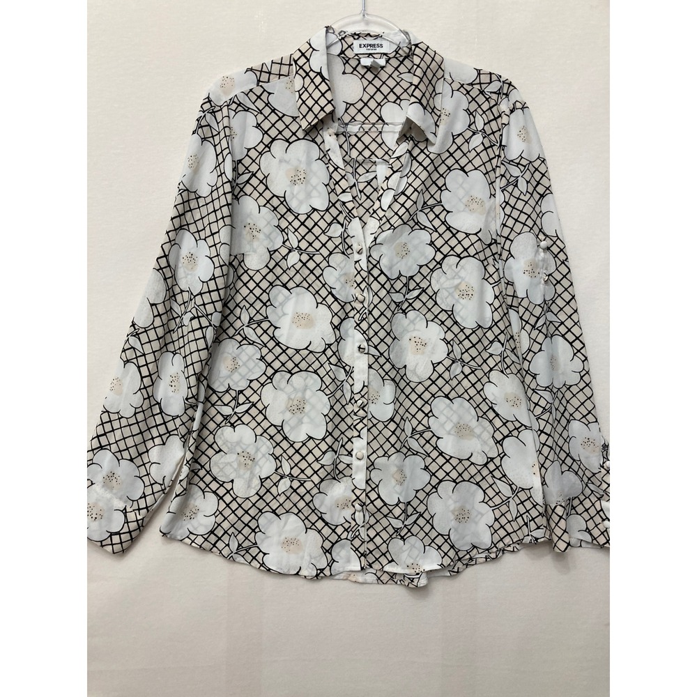 Express Portofino Shirt Large Black White Floral Lattice Slim Fit Preppy Office